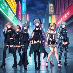 A group of anime-style ladies dressed in sleek black outfits, showcasing various fashion styles, such as streetwear, formal attire, and fantasy armor