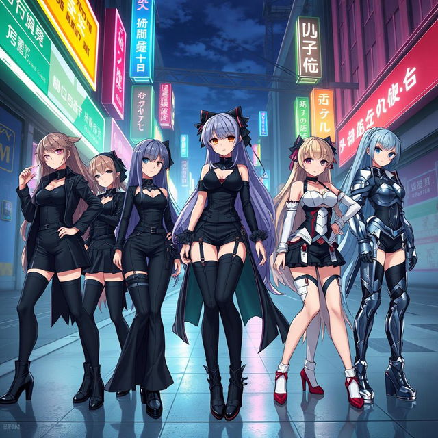 A group of anime-style ladies dressed in sleek black outfits, showcasing various fashion styles, such as streetwear, formal attire, and fantasy armor