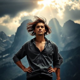 A determined individual confronting the challenges of life, standing in a dramatic pose against a backdrop of towering mountains symbolizing obstacles