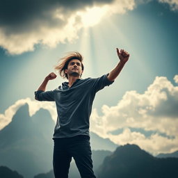 A determined individual confronting the challenges of life, standing in a dramatic pose against a backdrop of towering mountains symbolizing obstacles