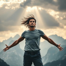 A determined individual confronting the challenges of life, standing in a dramatic pose against a backdrop of towering mountains symbolizing obstacles