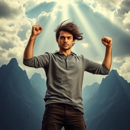 A determined individual confronting the challenges of life, standing in a dramatic pose against a backdrop of towering mountains symbolizing obstacles
