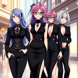 A group of stylish anime ladies dressed in elegant black court outfits, showcasing a blend of sophistication and modern fashion