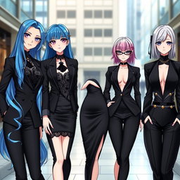 A group of stylish anime ladies dressed in elegant black court outfits, showcasing a blend of sophistication and modern fashion