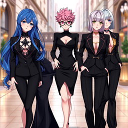A group of stylish anime ladies dressed in elegant black court outfits, showcasing a blend of sophistication and modern fashion
