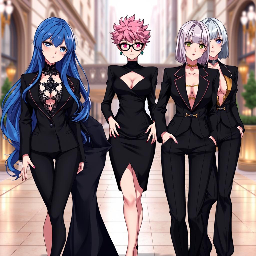 A group of stylish anime ladies dressed in elegant black court outfits, showcasing a blend of sophistication and modern fashion