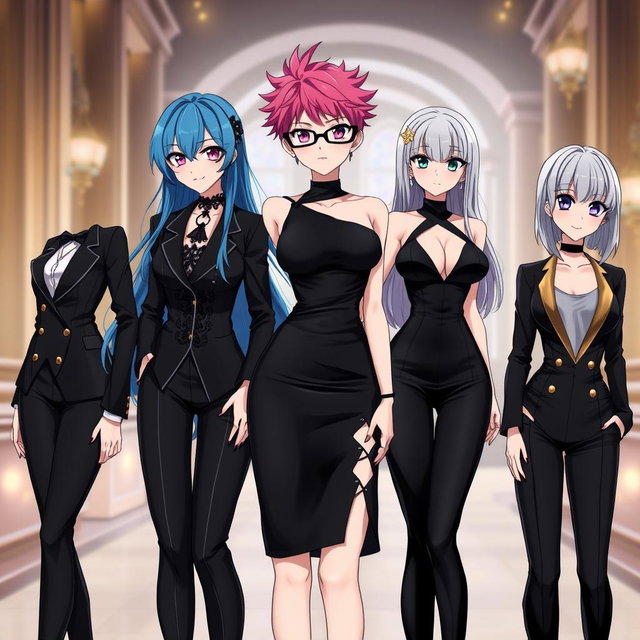 A group of stylish anime ladies dressed in elegant black court outfits, showcasing a blend of sophistication and modern fashion