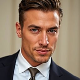 A close-up portrait of a well-dressed man in a tailored suit