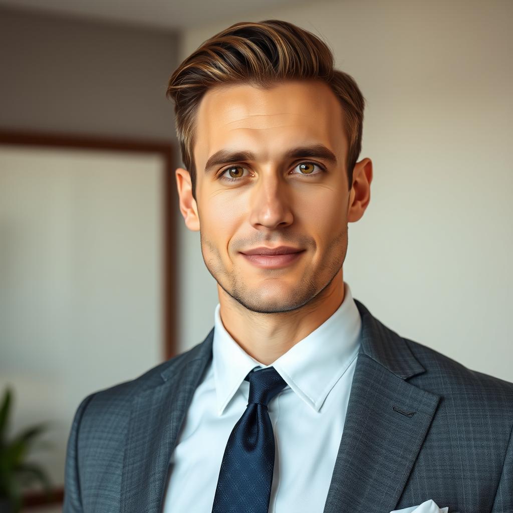 A close-up portrait of a well-dressed man in a tailored suit