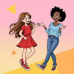 Two girls engaging in a lively conversation, depicted in a vertical orientation