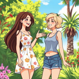 Two young women engaged in a lively conversation, standing side by side in a vibrant outdoor setting