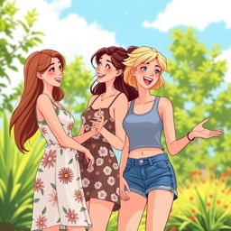 Two young women engaged in a lively conversation, standing side by side in a vibrant outdoor setting