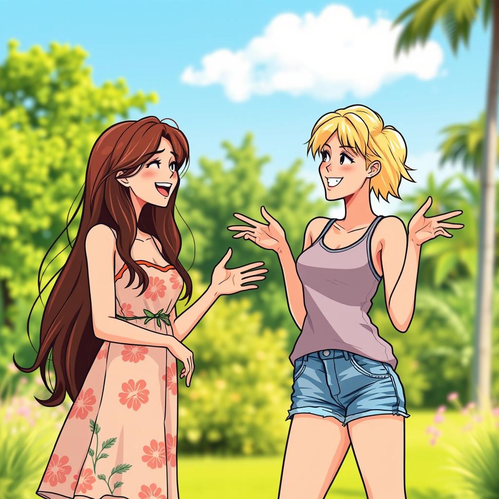 Two young women engaged in a lively conversation, standing side by side in a vibrant outdoor setting
