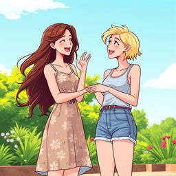 Two young women engaged in a lively conversation, standing side by side in a vibrant outdoor setting