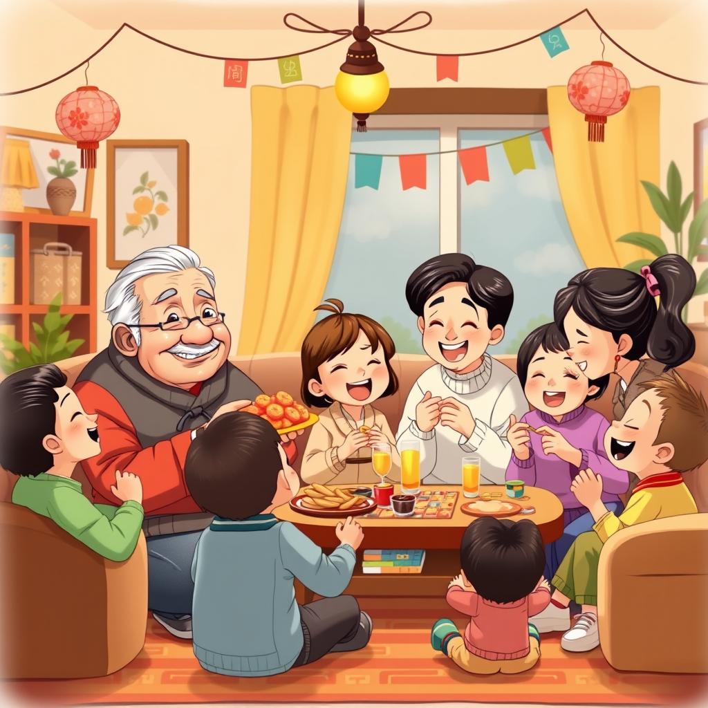 A whimsical illustration of a family gathering featuring a diverse group of characters celebrating a humorous event