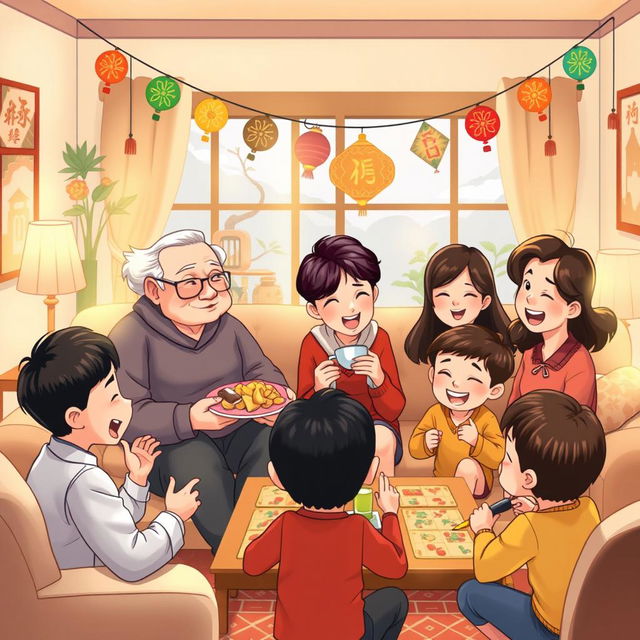 A whimsical illustration of a family gathering featuring a diverse group of characters celebrating a humorous event