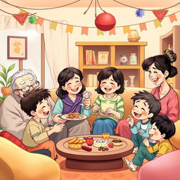 A whimsical illustration of a family gathering featuring a diverse group of characters celebrating a humorous event