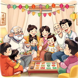 A whimsical illustration of a family gathering featuring a diverse group of characters celebrating a humorous event