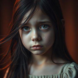 A close-up portrait of a girl with flowing long dark hair, tears rolling down her cheeks, her expression conveying deep emotion