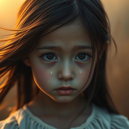 A close-up portrait of a girl with flowing long dark hair, tears rolling down her cheeks, her expression conveying deep emotion