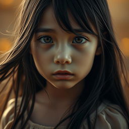 A close-up portrait of a girl with flowing long dark hair, tears rolling down her cheeks, her expression conveying deep emotion