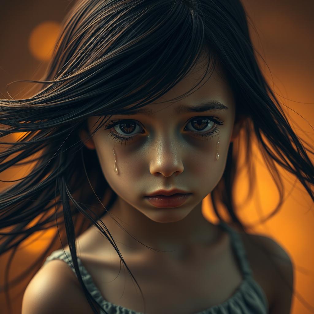 A close-up portrait of a girl with flowing long dark hair, tears rolling down her cheeks, her expression conveying deep emotion