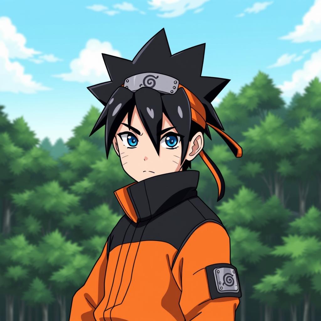 A character inspired by the Naruto universe, featuring spiky black hair styled in a dynamic way, wearing a ninja headband with the Hidden Leaf symbol