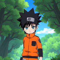A character inspired by the Naruto universe, featuring spiky black hair styled in a dynamic way, wearing a ninja headband with the Hidden Leaf symbol
