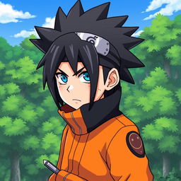A character inspired by the Naruto universe, featuring spiky black hair styled in a dynamic way, wearing a ninja headband with the Hidden Leaf symbol