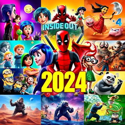 A vibrant and dynamic collage featuring elements from the most watched movies of 2024