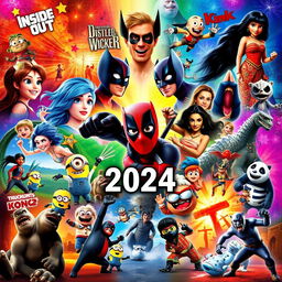 A vibrant and dynamic collage featuring elements from the most watched movies of 2024