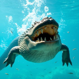A gigantic crocodile with sharp, shark-like teeth and a spiky head, swimming gracefully in a clear, blue water