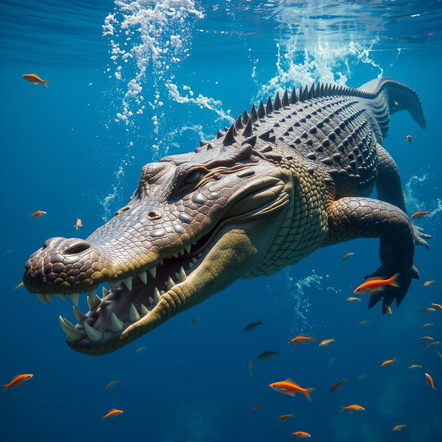 A gigantic crocodile with sharp, shark-like teeth and a spiky head, swimming gracefully in a clear, blue water