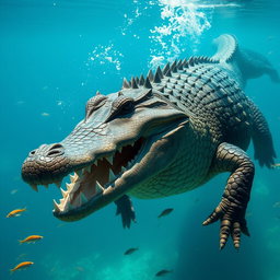 A gigantic crocodile with sharp, shark-like teeth and a spiky head, swimming gracefully in a clear, blue water