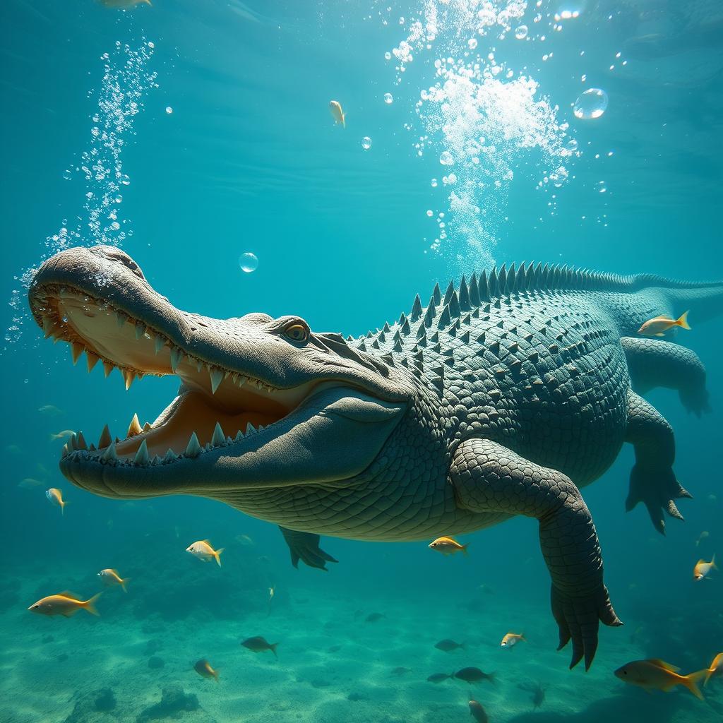 A gigantic crocodile with sharp, shark-like teeth and a spiky head, swimming gracefully in a clear, blue water