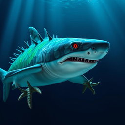 A striking shark with reptilian feet, featuring a spiky body adorned with vibrant scales in shades of blue and green