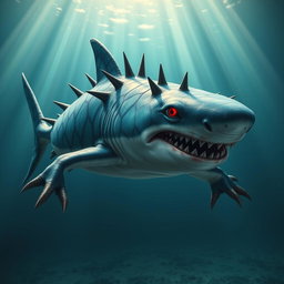 A striking shark with reptilian feet, featuring a spiky body adorned with vibrant scales in shades of blue and green