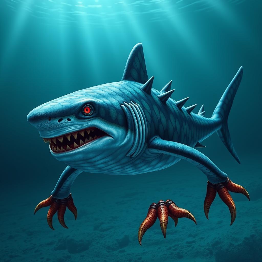A striking shark with reptilian feet, featuring a spiky body adorned with vibrant scales in shades of blue and green