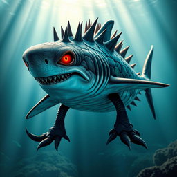 A striking shark with reptilian feet, featuring a spiky body adorned with vibrant scales in shades of blue and green
