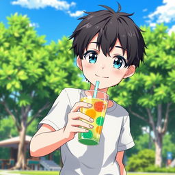 A handsome anime boy with dark hair and bright blue eyes, wearing casual summer clothing such as a light short-sleeve shirt and shorts