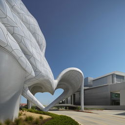 A modern hospital building shaped like a heart, with a sprawling medical campus in the background under a clear sky.