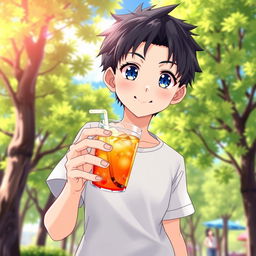 A handsome anime boy with dark hair and bright blue eyes, wearing casual summer clothing such as a light short-sleeve shirt and shorts