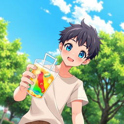 A handsome anime boy with dark hair and bright blue eyes, wearing casual summer clothing such as a light short-sleeve shirt and shorts