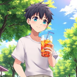 A handsome anime boy with dark hair and bright blue eyes, wearing casual summer clothing such as a light short-sleeve shirt and shorts