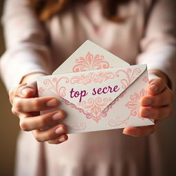 A close-up shot of a person's hands holding a beautifully decorated top secret envelope for a gender reveal party