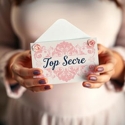 A close-up shot of a person's hands holding a beautifully decorated top secret envelope for a gender reveal party