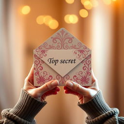 A close-up shot of a person's hands holding a beautifully decorated top secret envelope for a gender reveal party