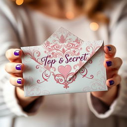 A close-up shot of a person's hands holding a beautifully decorated top secret envelope for a gender reveal party