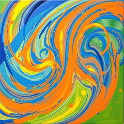A beautiful abstract painting with vibrant colors, featuring swirling patterns of deep blue, bright orange, and soft yellow, creating a sense of motion and depth
