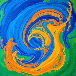 A beautiful abstract painting with vibrant colors, featuring swirling patterns of deep blue, bright orange, and soft yellow, creating a sense of motion and depth
